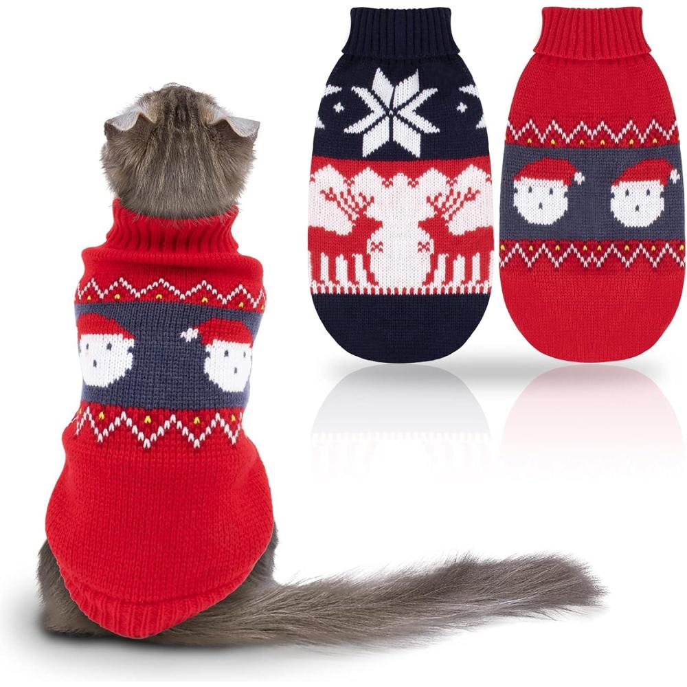 imageRypet 2 Packs Cat Christmas Sweater  Puppy Christmas Sweater Pet Turtleneck Knitwear with Reindeer Santa Claus Pattern Sweaters for Kitten and Small Dogs LReindeerSanta Claus