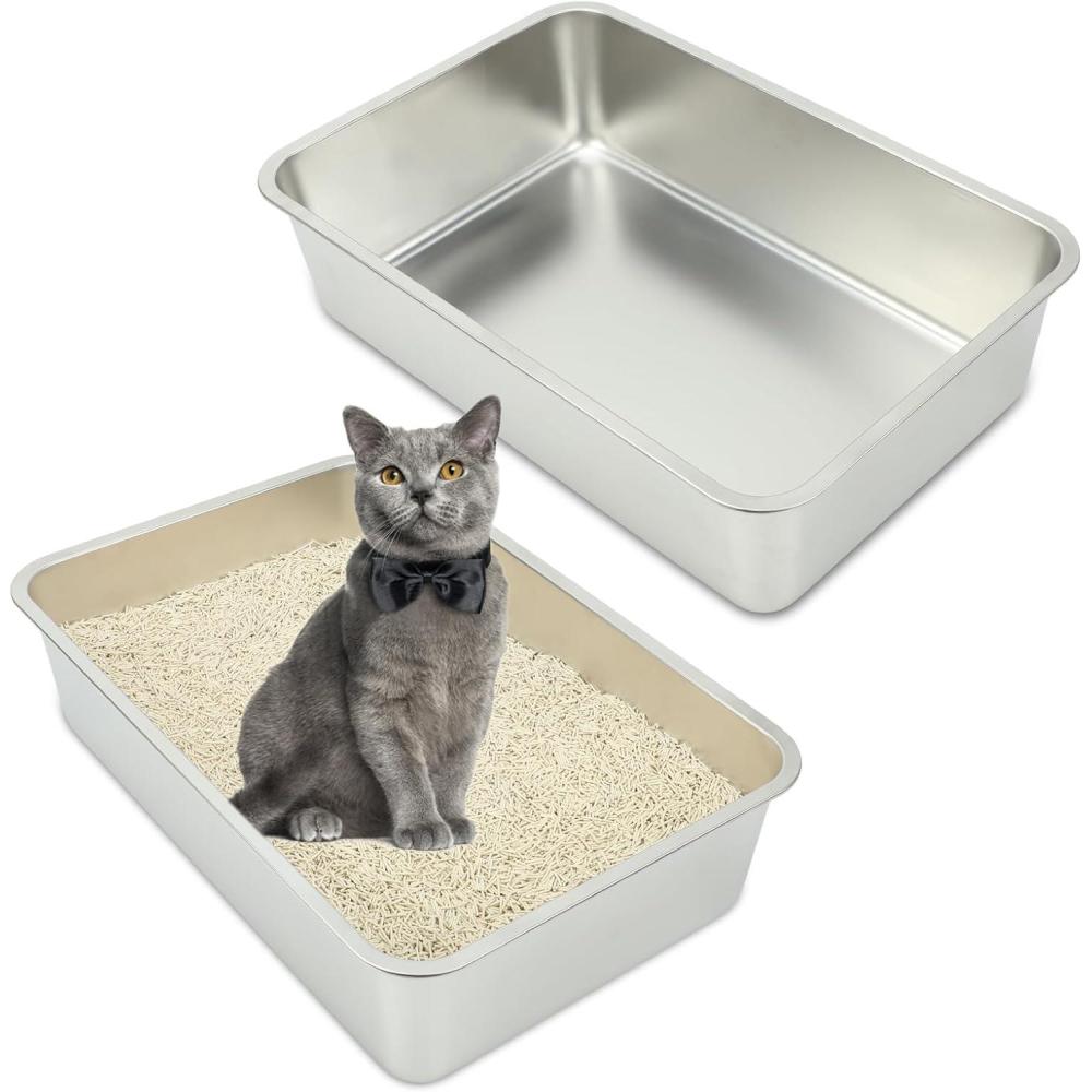 imageRypet 2 Packs Stainless Steel Litter Box Metal Litter Box for Cats High Back Litter Boxes NonStick Cat Poop BoxEasy to Clean177quot138quot39quot23615859