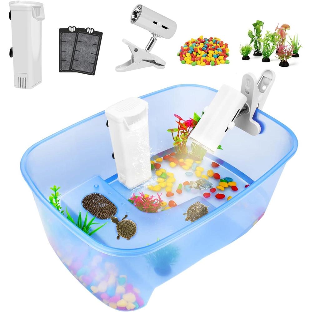 imageRypet Baby Turtle Aquarium Tank Starter Accessories Kit  Reptile Terrariums Tortoise Habitat with UV Basking Light Lamp Water Filter Rocks Small Plants for Frog Hermit CrabBluepump Light