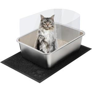 Rypet 1 Set Stainless Steel Litter Box，Rust Proof Metal Cat Litter Tray，Durable Kitten Litters Box with Cats Litter Scoop, Litters Pee Splash Guard and Cat Litter Mat，Easy to Clean(23.6″*15.8″*5.9″)(17.7″*13.8″*6″)