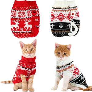 Rypet 2 Packs Cat Christmas Sweater – Puppy Christmas Sweater Pet Turtleneck Knitwear with Reindeer Santa Claus Pattern Sweaters for Kitten and Small Dogs L(Reindeer+Snowman)
