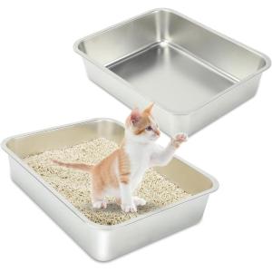 Rypet 2 Packs Stainless Steel Litter Box Metal Litter Box for Cats High Back Litter Boxes Non-Stick Cat Poop Box，Easy to Clean(17.7″*13.8″*3.9″)(17.7″*13.8″*3.9″)