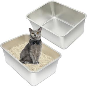Rypet 2 Packs Stainless Steel Litter Box Metal Litter Box for Cats High Back Litter Boxes Non-Stick Cat Poop Box，Easy to Clean(17.7″*13.8″*3.9″)(19.7″*13.8″*7.9″)