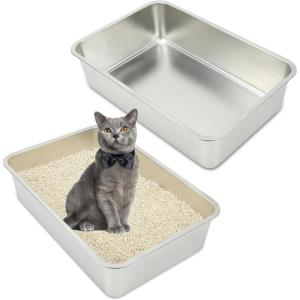 Rypet 2 Packs Stainless Steel Litter Box Metal Litter Box for Cats High Back Litter Boxes Non-Stick Cat Poop Box，Easy to Clean(17.7″*13.8″*3.9″)(23.6″*15.8″*5.9″)