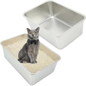 Rypet 2 Packs Stainless Steel Litter Box Metal Litter Box for Cats High Back Litter Boxes Non-Stick Cat Poop Box，Easy to Clean(17.7″*13.8″*3.9″)(23.6″*15.8″*7.9″)