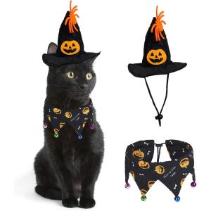 Rypet Cat Halloween Costume Halloween Cat Collar with Bells and Halloweens Pumpkin Hat Cats Costume Suit for Cats and Small Dogs(Halloween Hat Collar Suit-1)
