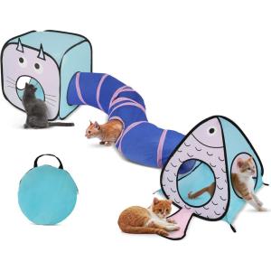 Rypet Cat Tunnels for Indoor Cats with Cube Tent, Interactive Collapsible Cat Tube and Foldable Cubes Playground for Hiding Hunting and Resting, Pet Tube with Bell for Kitten, Rabbit, Puppy, Ferret(Blue)