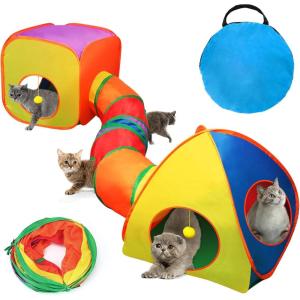 Rypet Cat Tunnels for Indoor Cats with Cube Tent, Interactive Collapsible Cat Tube and Foldable Cubes Playground for Hiding Hunting and Resting, Pet Tube with Bell for Kitten, Rabbit, Puppy, Ferret(Rainbow)