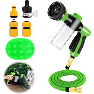 Rypet Dog Wash 7 Pieces Pet Bathing Tool Set Includes Expandable Hose Nozzle Foam Sprayer Connector Dog Rubber Brush for Bathing Pets, Washing Cars and Watering Plants(Green)