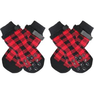 Rypet Double Side Anti-Slip Dog Socks 3 Pairs Dog Grip Socks with Adjustable Strap Dog Socks for Hardwood Floors Pet Paw Protector for Small Medium Large Dogs(red and black checkered-2 Pairs)