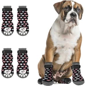 Rypet Double Side Anti-Slip Dog Socks 3 Pairs Dog Grip Socks with Adjustable Strap Dog Socks for Hardwood Floors Pet Paw Protector for Small Medium Large Dogs(Heart pattern-2 Pairs)