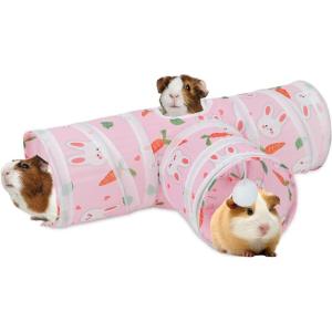 Rypet Guinea Pig Tunnels and Tubes Collapsible 2 Way and L-Type Tunnel with Interactive Ball Small Animal Activity Tunnel Hideaway Toys for Baby Rabbit Ferret Hamster Chinchilla Hedgehog(Pink)