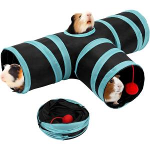 Rypet Guinea Pig Tunnels and Tubes Collapsible 2 Way and L-Type Tunnel with Interactive Ball Small Animal Activity Tunnel Hideaway Toys for Baby Rabbit Ferret Hamster Chinchilla Hedgehog(Blue Black)