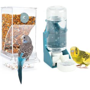Rypet No Mess Bird Water Feeder Dispenser Set Automatic Bird Feeder Transparent Food Container Cage Acrylic Parrot Feeders Accessories for Small Birds Parrot Cockatoo Canary(Feeder + Drinking Bottle)