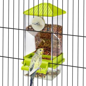 Rypet No Mess Bird Water Feeder Dispenser Set Automatic Bird Feeder Transparent Food Container Cage Acrylic Parrot Feeders Accessories for Small Birds Parrot Cockatoo Canary(Transparent A80 Green)
