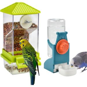 Rypet No Mess Bird Water Feeder Dispenser Set Automatic Bird Feeder Transparent Food Container Cage Acrylic Parrot Feeders Accessories for Small Birds Parrot Cockatoo Canary(A80 Green Feeder + Drinking Bottle)