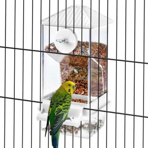 Rypet No Mess Bird Water Feeder Dispenser Set Automatic Bird Feeder Transparent Food Container Cage Acrylic Parrot Feeders Accessories for Small Birds Parrot Cockatoo Canary(Transparent A80 White)