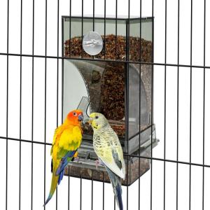 Rypet No Mess Bird Water Feeder Dispenser Set Automatic Bird Feeder Transparent Food Container Cage Acrylic Parrot Feeders Accessories for Small Birds Parrot Cockatoo Canary(Transparent A66 Grey)