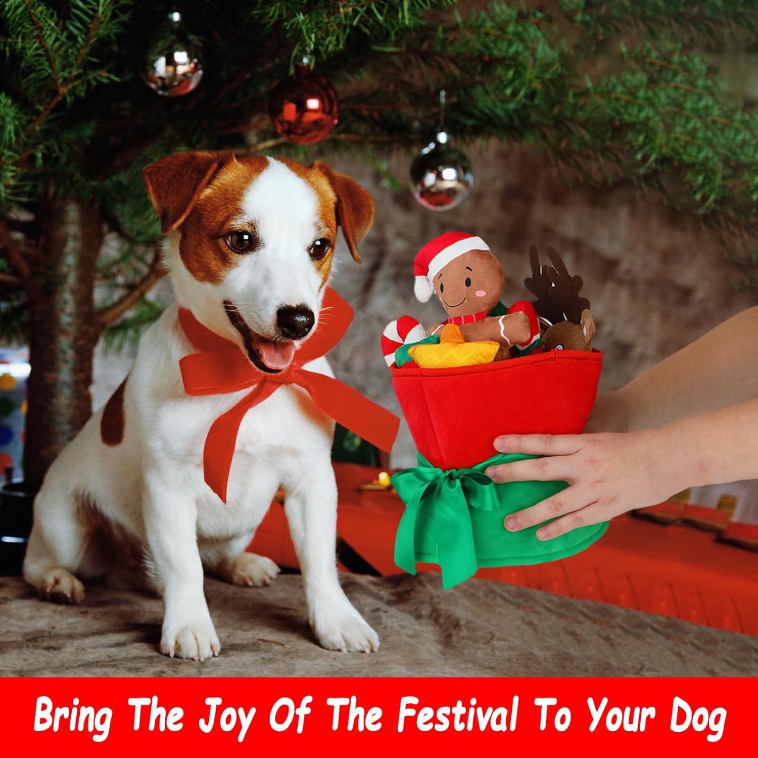 imageRypet 11 PCS Christmas Plush Dog Toys Set Interactive Dog Toys Filled Crinkle Paper for Aggressive Chewers with Bouquet BoxDurable Puppy Teething Toy Xmas Interactive Puppy Toy for Small Dog