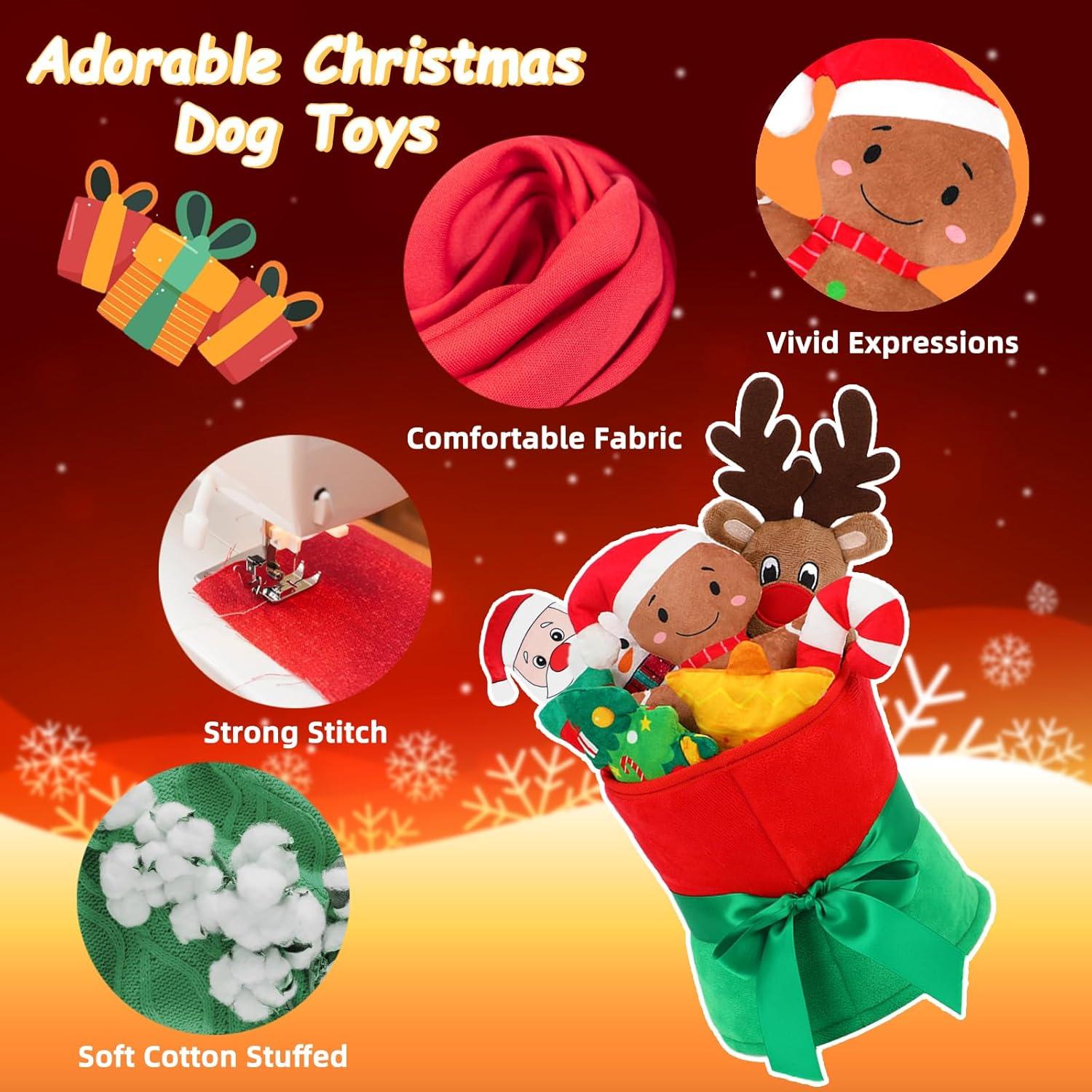 imageRypet 11 PCS Christmas Plush Dog Toys Set Interactive Dog Toys Filled Crinkle Paper for Aggressive Chewers with Bouquet BoxDurable Puppy Teething Toy Xmas Interactive Puppy Toy for Small Dog
