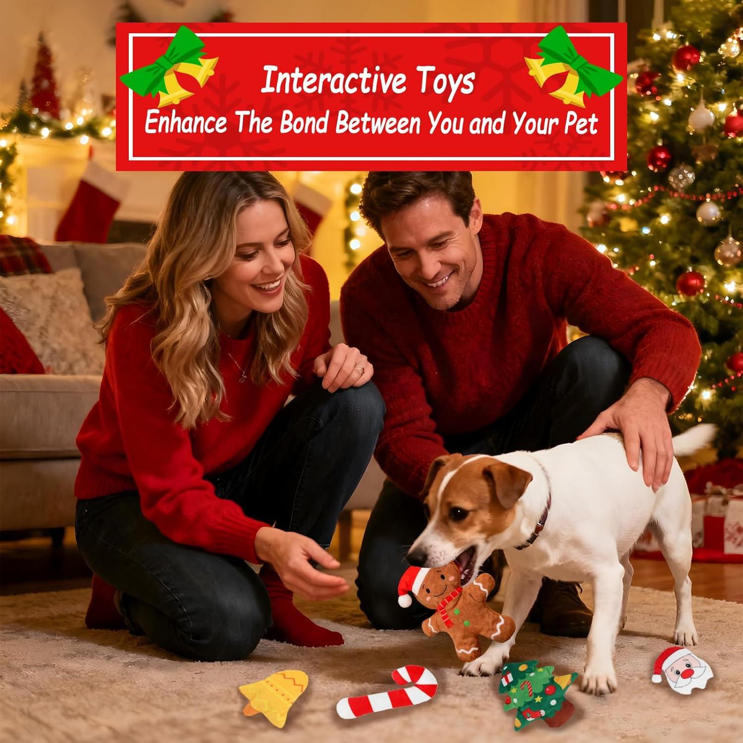imageRypet 11 PCS Christmas Plush Dog Toys Set Interactive Dog Toys Filled Crinkle Paper for Aggressive Chewers with Bouquet BoxDurable Puppy Teething Toy Xmas Interactive Puppy Toy for Small Dog