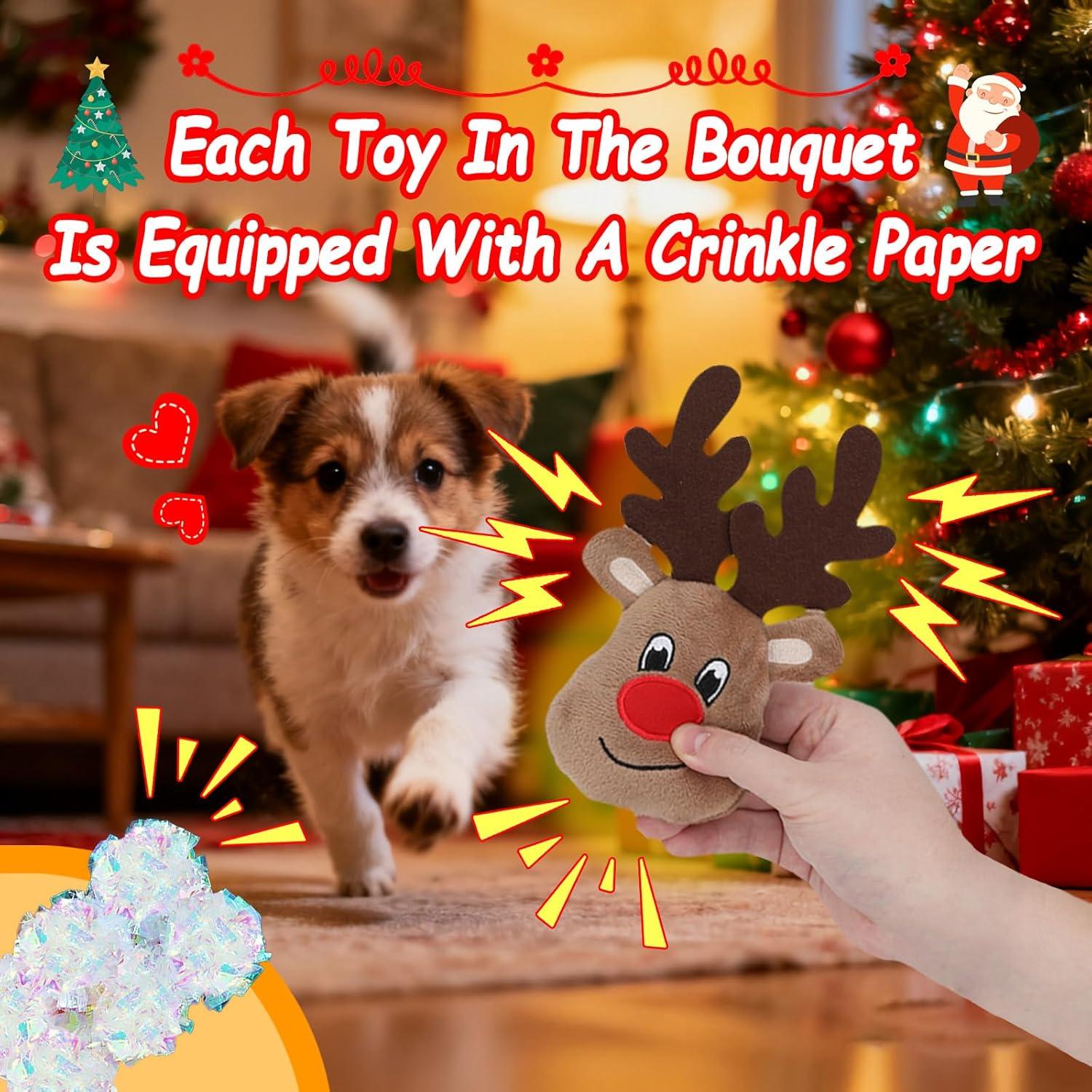 imageRypet 11 PCS Christmas Plush Dog Toys Set Interactive Dog Toys Filled Crinkle Paper for Aggressive Chewers with Bouquet BoxDurable Puppy Teething Toy Xmas Interactive Puppy Toy for Small Dog