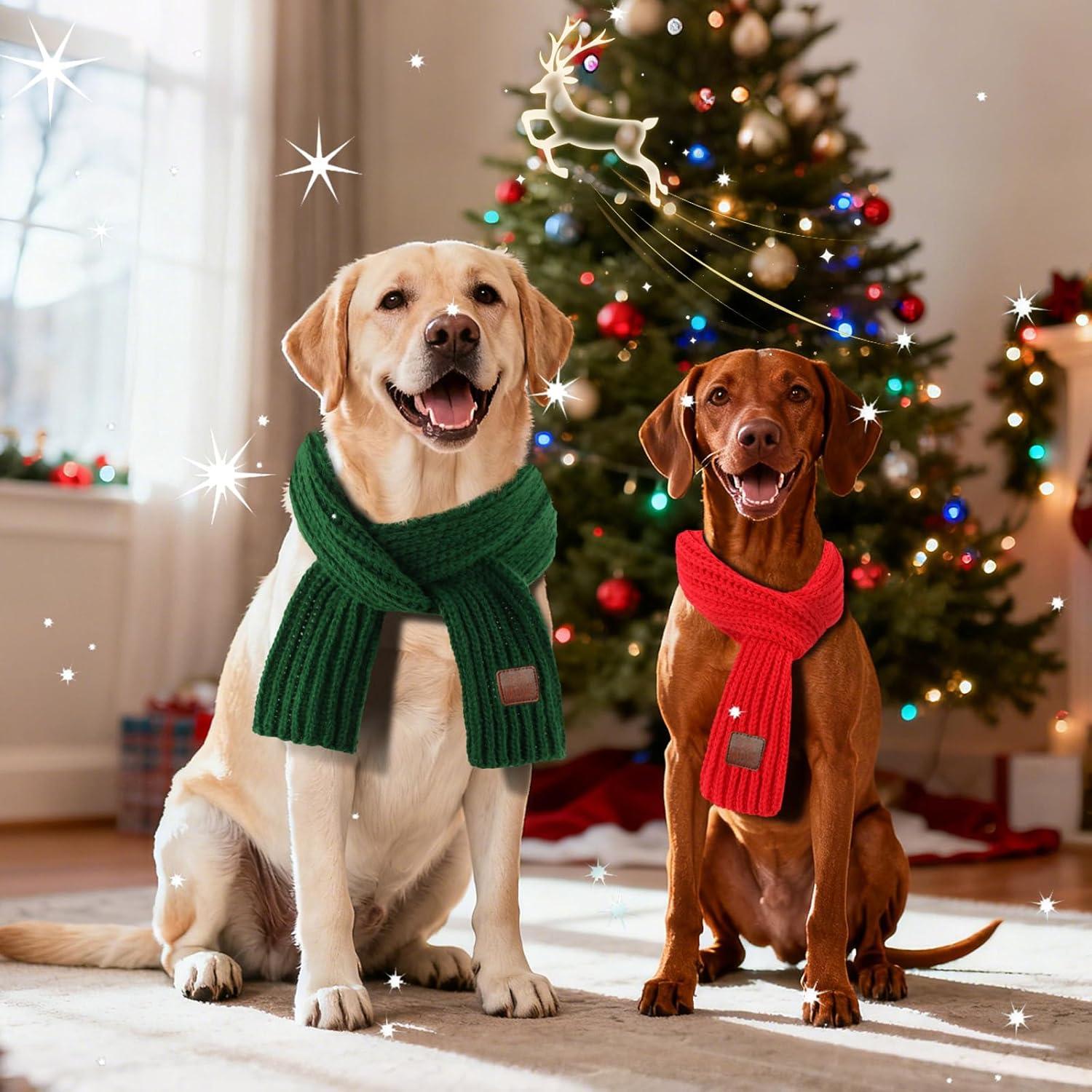 imageRypet 2 Pack Christmas Scarf for Medium Large Dogs Red Green Warm Knitted Fall Winter Bandanas Pet Winter Holiday Decoration L Length 47 inGreen ScarfRed Scarf