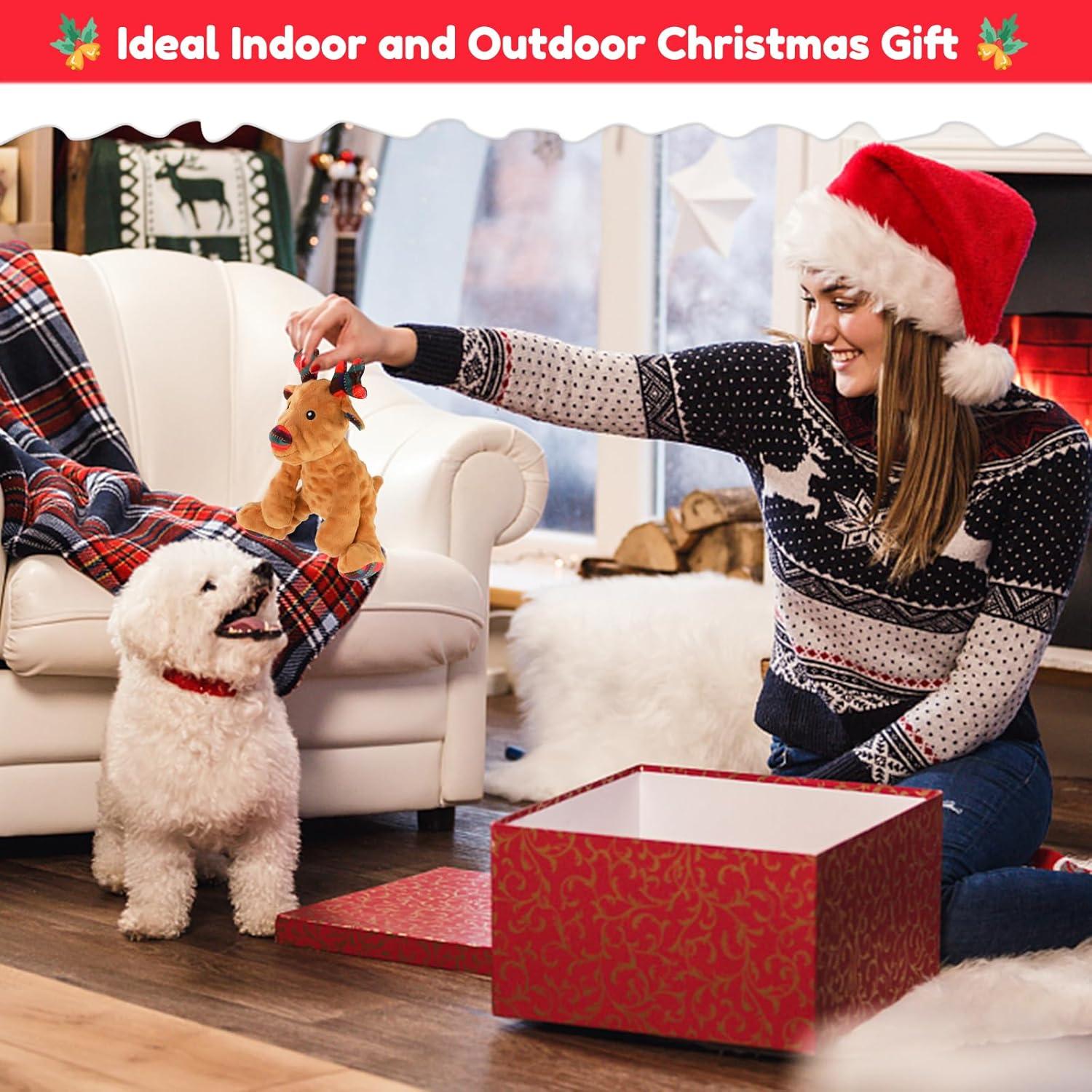 imageRypet Christmas Reindeer Dog Toys Durable Plush Dog Toys with Crinkle Paper Interactive Dog Stuffed Squeaky Christmas Theme Toys for Puppy Small to Large Dogs Cleaning Teeth and Relieving AnxietyReindeer