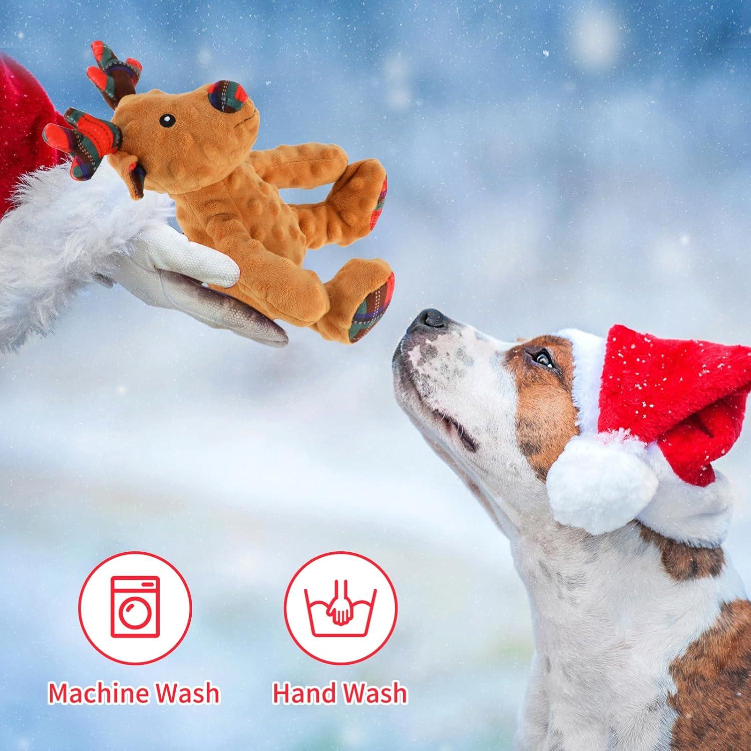 imageRypet Christmas Reindeer Dog Toys Durable Plush Dog Toys with Crinkle Paper Interactive Dog Stuffed Squeaky Christmas Theme Toys for Puppy Small to Large Dogs Cleaning Teeth and Relieving AnxietyReindeer