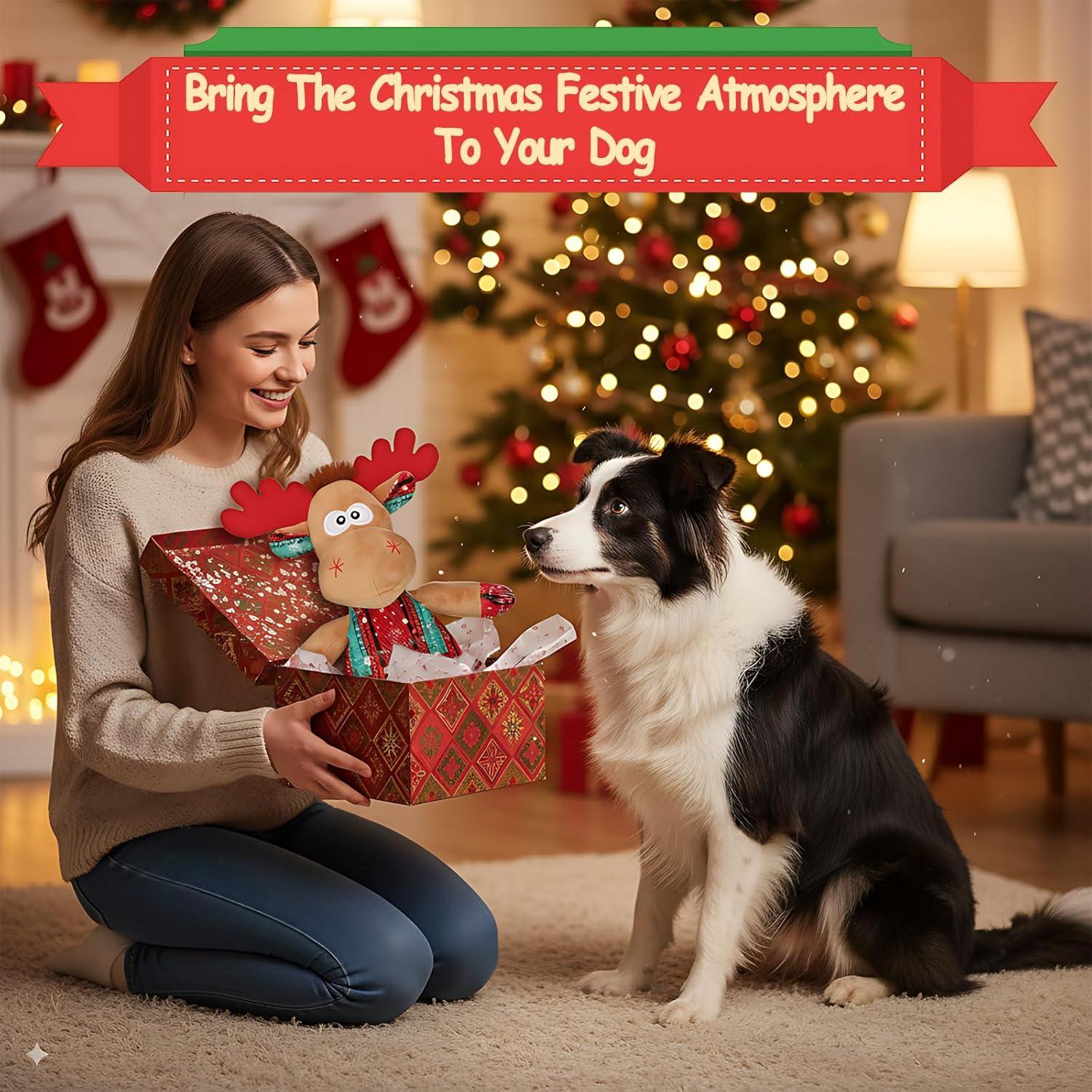 imageRypet Christmas Reindeer Dog Toys Durable Plush Dog Toys with Crinkle Paper Interactive Dog Stuffed Squeaky Christmas Theme Toys for Puppy Small to Large Dogs Cleaning Teeth and Relieving AnxietyChristmas Reindeer