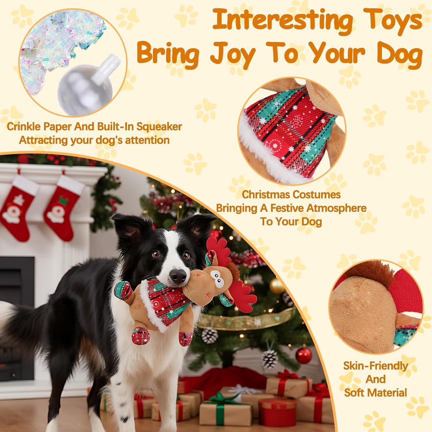 imageRypet Christmas Reindeer Dog Toys Durable Plush Dog Toys with Crinkle Paper Interactive Dog Stuffed Squeaky Christmas Theme Toys for Puppy Small to Large Dogs Cleaning Teeth and Relieving AnxietyChristmas Reindeer