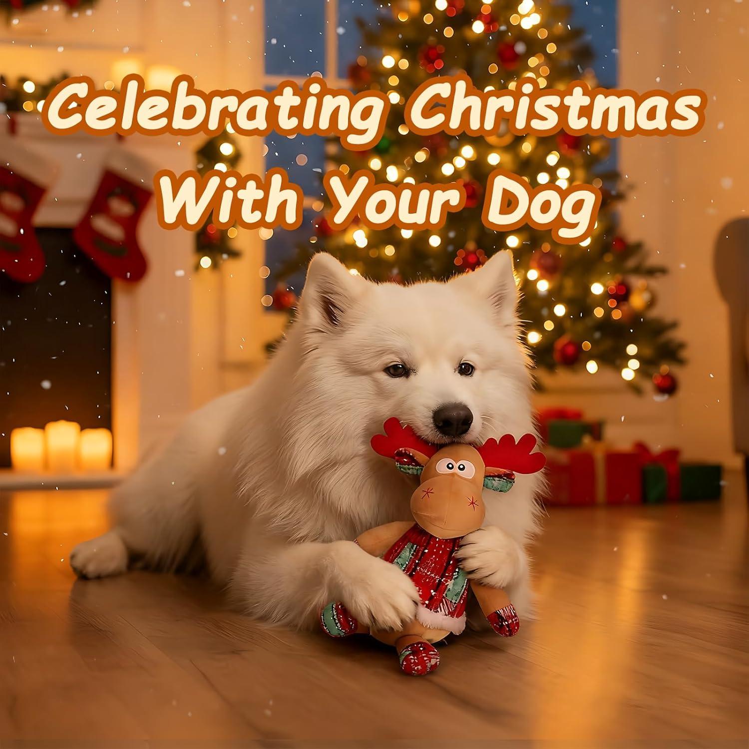 imageRypet Christmas Reindeer Dog Toys Durable Plush Dog Toys with Crinkle Paper Interactive Dog Stuffed Squeaky Christmas Theme Toys for Puppy Small to Large Dogs Cleaning Teeth and Relieving AnxietyChristmas Reindeer