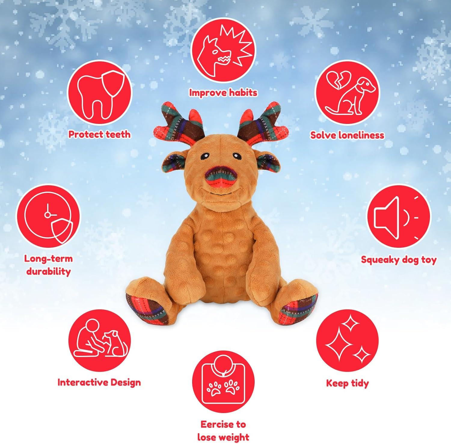imageRypet Christmas Reindeer Dog Toys Durable Plush Dog Toys with Crinkle Paper Interactive Dog Stuffed Squeaky Christmas Theme Toys for Puppy Small to Large Dogs Cleaning Teeth and Relieving AnxietyReindeer