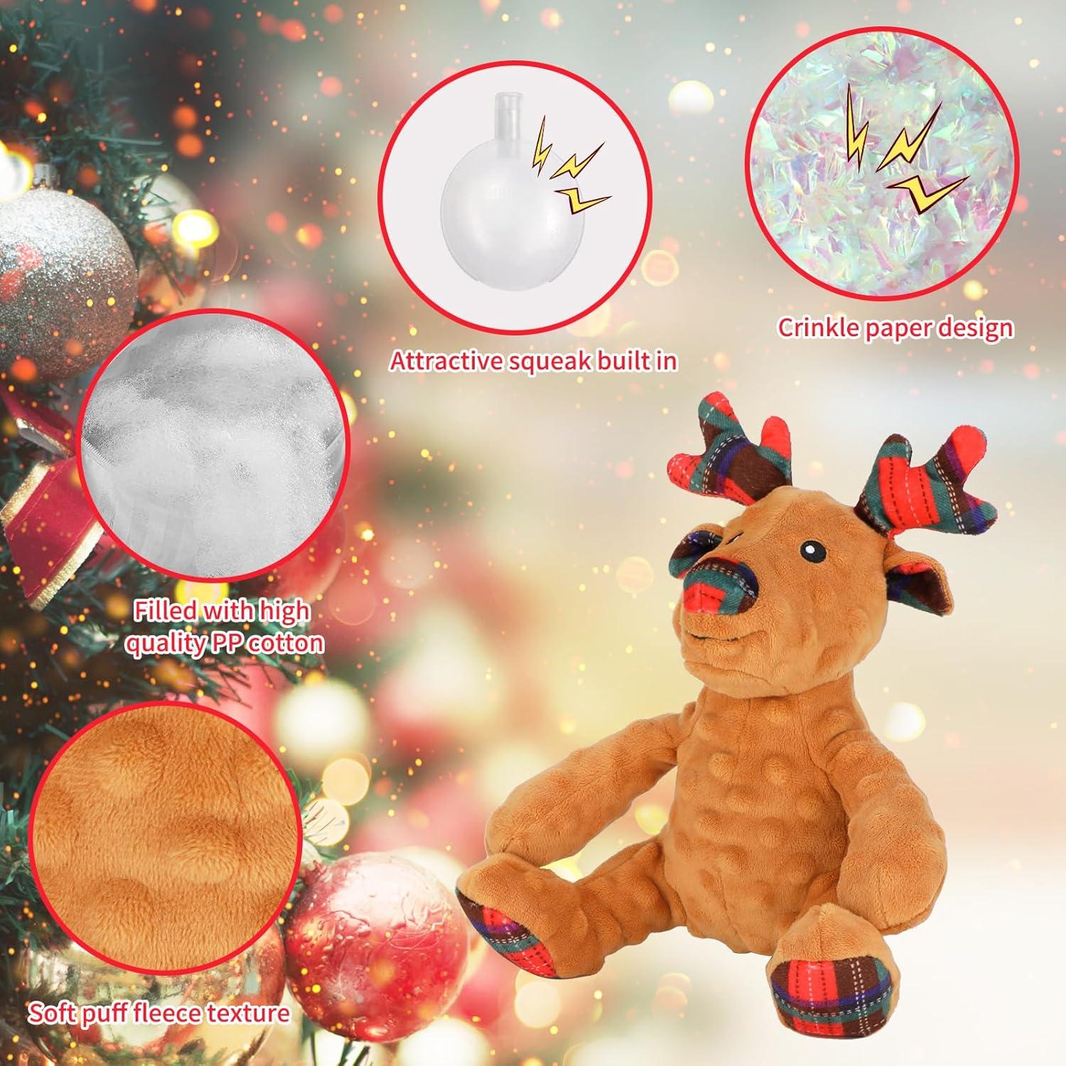 imageRypet Christmas Reindeer Dog Toys Durable Plush Dog Toys with Crinkle Paper Interactive Dog Stuffed Squeaky Christmas Theme Toys for Puppy Small to Large Dogs Cleaning Teeth and Relieving AnxietyReindeer
