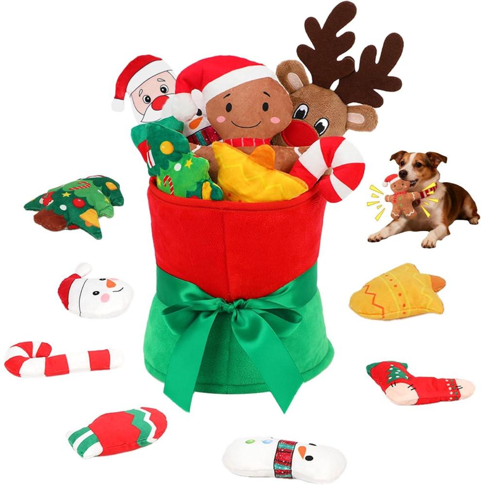 imageRypet 11 PCS Christmas Plush Dog Toys Set Interactive Dog Toys Filled Crinkle Paper for Aggressive Chewers with Bouquet BoxDurable Puppy Teething Toy Xmas Interactive Puppy Toy for Small Dog