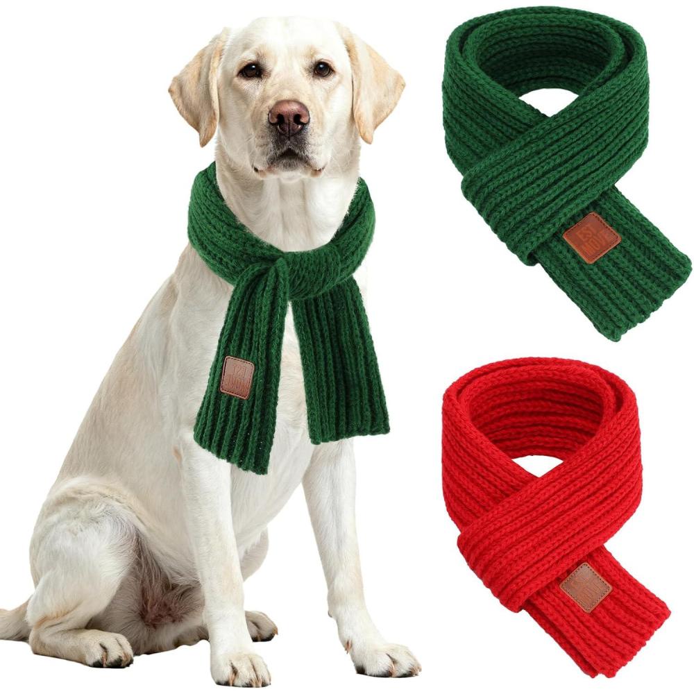 imageRypet 2 Pack Christmas Scarf for Medium Large Dogs Red Green Warm Knitted Fall Winter Bandanas Pet Winter Holiday Decoration L Length 47 inGreen ScarfRed Scarf