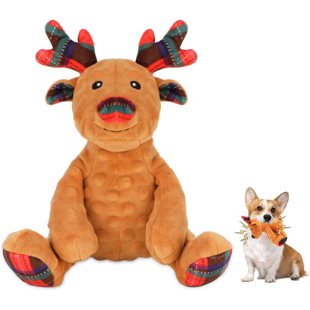 imageRypet Christmas Reindeer Dog Toys Durable Plush Dog Toys with Crinkle Paper Interactive Dog Stuffed Squeaky Christmas Theme Toys for Puppy Small to Large Dogs Cleaning Teeth and Relieving AnxietyReindeer