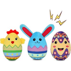Rypet 3 Pack Easter Toys for Dogs Stuffed Dog Toys Egg Squeaker Plush Pet Toy Puppy Chew Toys Easter Gift for Small Medium Dogs（Chicken+Rabbit+Egg）