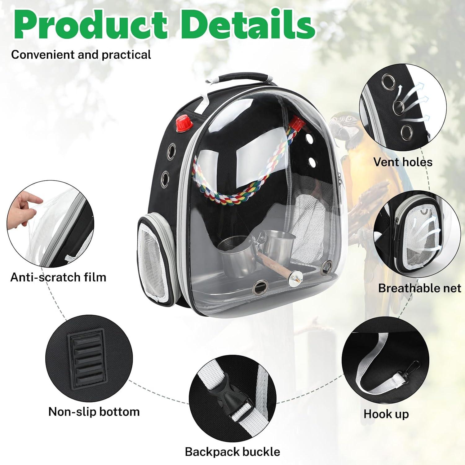 image:imageRypet Bird Carrier Backpack Parrot Portable Breathable Bag Pet Bird Lightweight Travel Cage with Standing Perch and Stainless Steel TrayBlackBlack