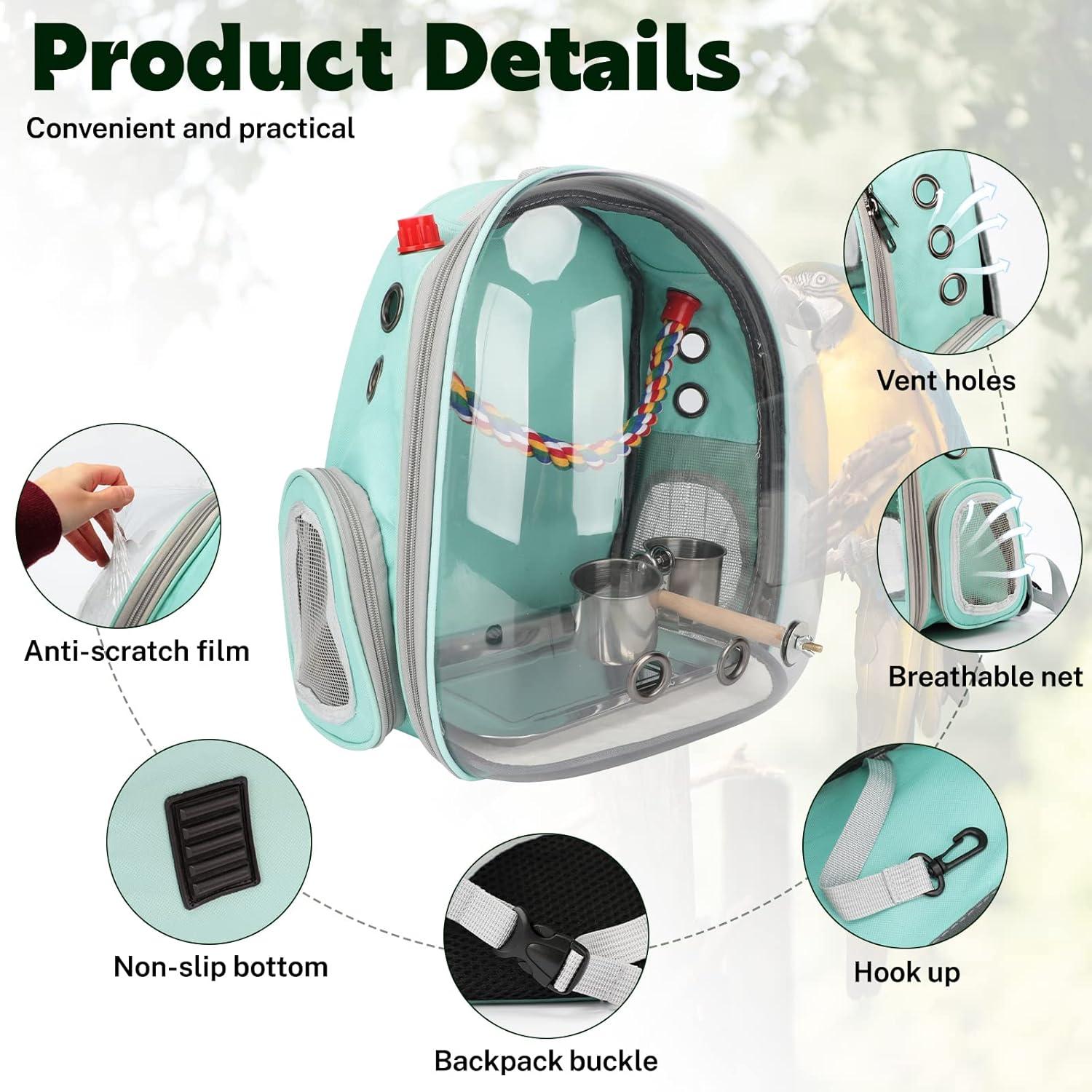 image:imageRypet Bird Carrier Backpack Parrot Portable Breathable Bag Pet Bird Lightweight Travel Cage with Standing Perch and Stainless Steel TrayBlackMint Green