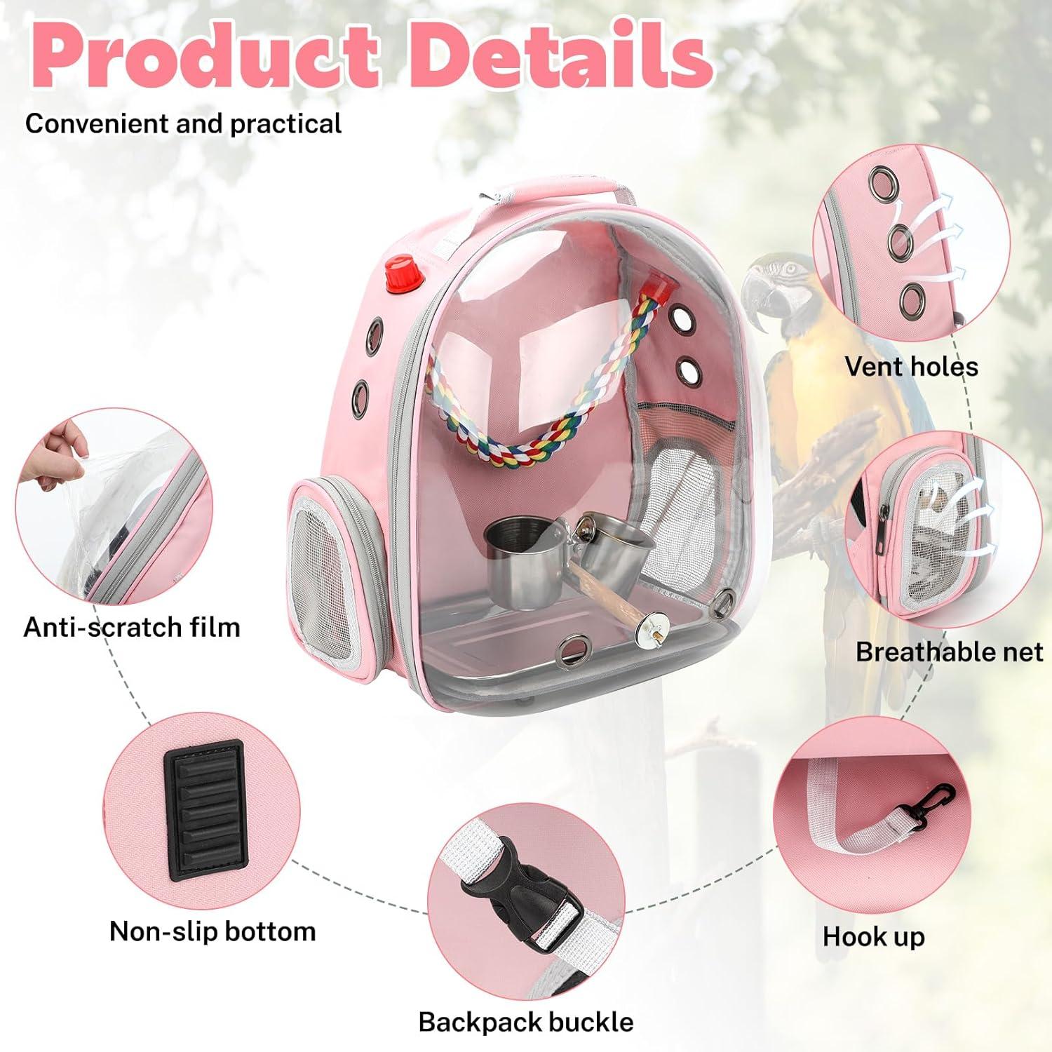 image:imageRypet Bird Carrier Backpack Parrot Portable Breathable Bag Pet Bird Lightweight Travel Cage with Standing Perch and Stainless Steel TrayBlackPink