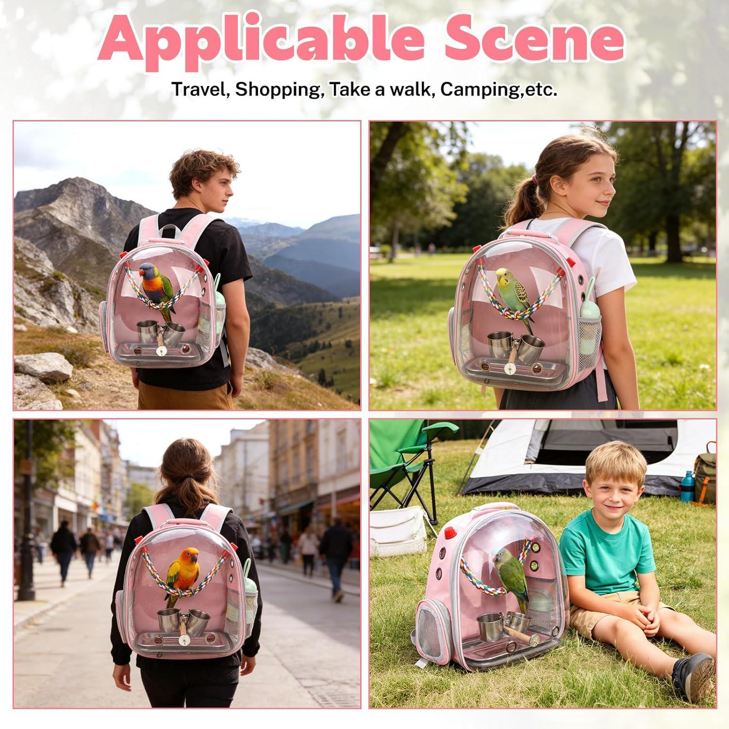 image:imageRypet Bird Carrier Backpack Parrot Portable Breathable Bag Pet Bird Lightweight Travel Cage with Standing Perch and Stainless Steel TrayBlackPink