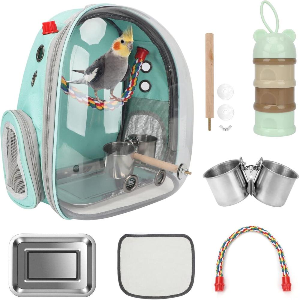 image:imageRypet Bird Carrier Backpack Parrot Portable Breathable Bag Pet Bird Lightweight Travel Cage with Standing Perch and Stainless Steel TrayBlackMint Green