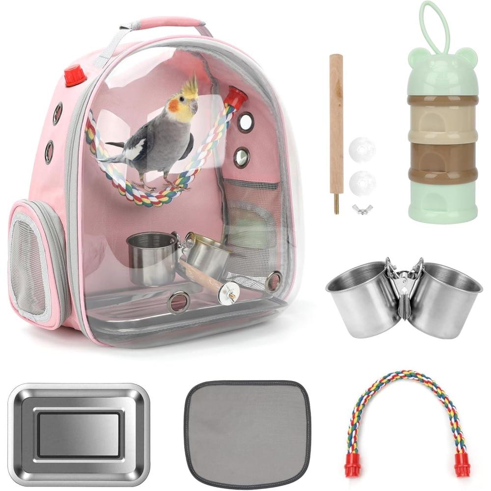image:imageRypet Bird Carrier Backpack Parrot Portable Breathable Bag Pet Bird Lightweight Travel Cage with Standing Perch and Stainless Steel TrayBlackPink
