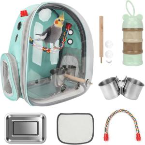 Rypet Bird Carrier Backpack Parrot Portable Breathable Bag Pet Bird Lightweight Travel Cage with Standing Perch and Stainless Steel Tray（Black）(Mint Green)