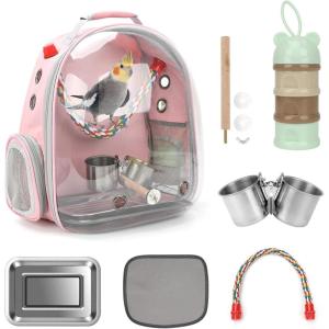 Rypet Bird Carrier Backpack Parrot Portable Breathable Bag Pet Bird Lightweight Travel Cage with Standing Perch and Stainless Steel Tray（Black）(Pink)